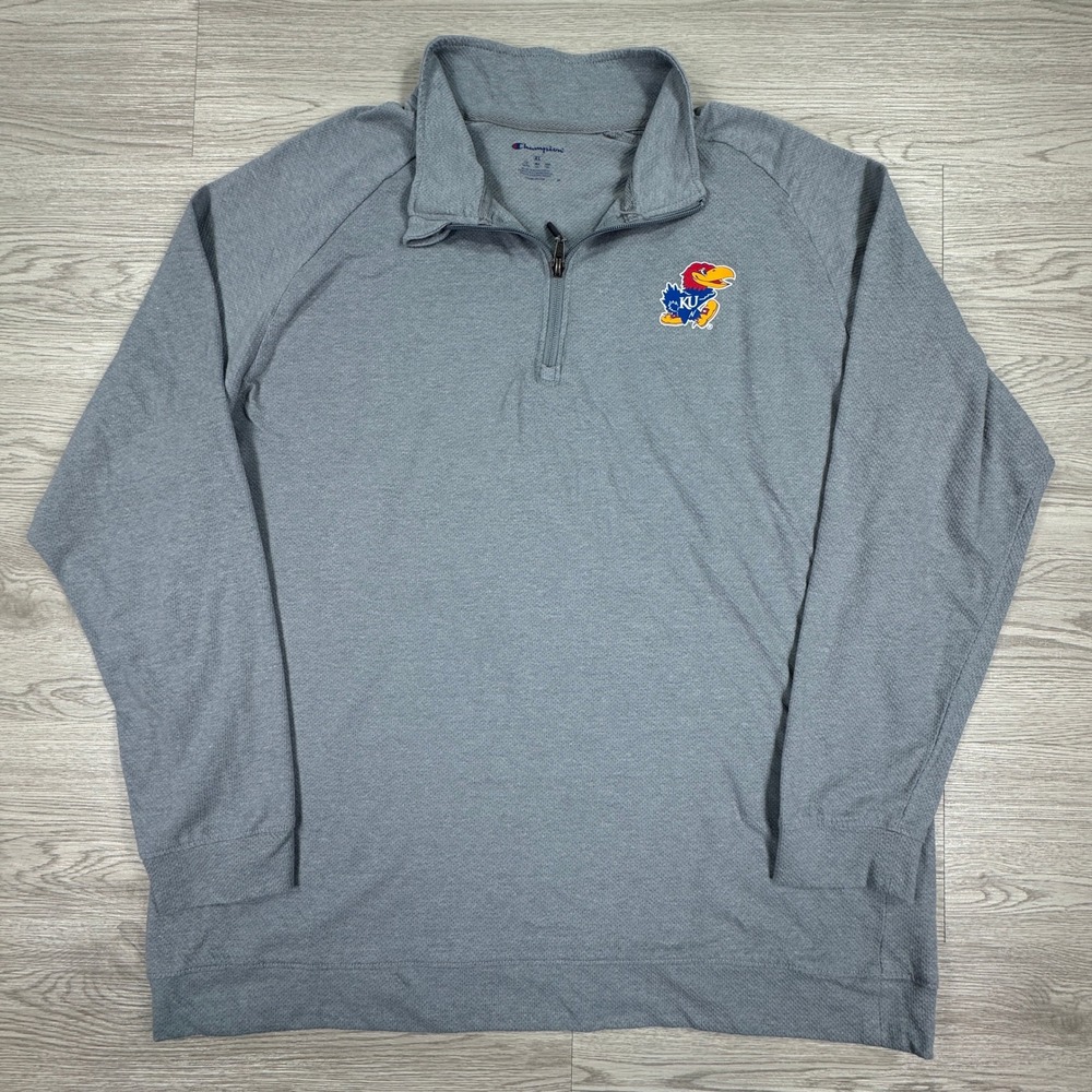 Champion Mens Pullover Kansas Jayhawks 1/4 Zip Grey XL NCAA Collegiate Logo